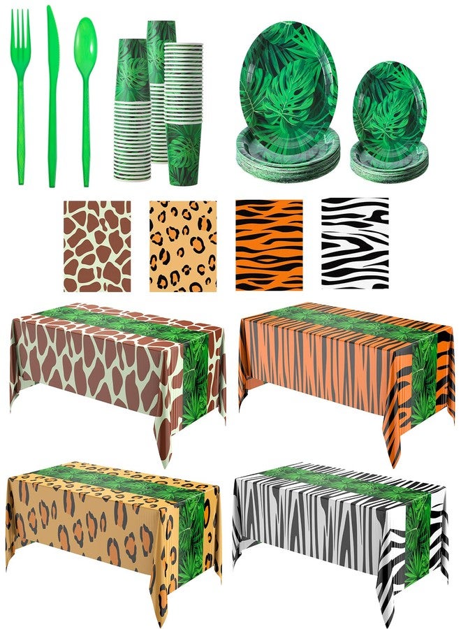 Oudain 324 Pcs Jungle Safari Party Decorations Tableware Animal Jungle Theme Party Supplies Includes Tablecloth Plates Napkins Cups Forks Knives Spoons For Baby Shower Birthday Party (Animal) - Image 1